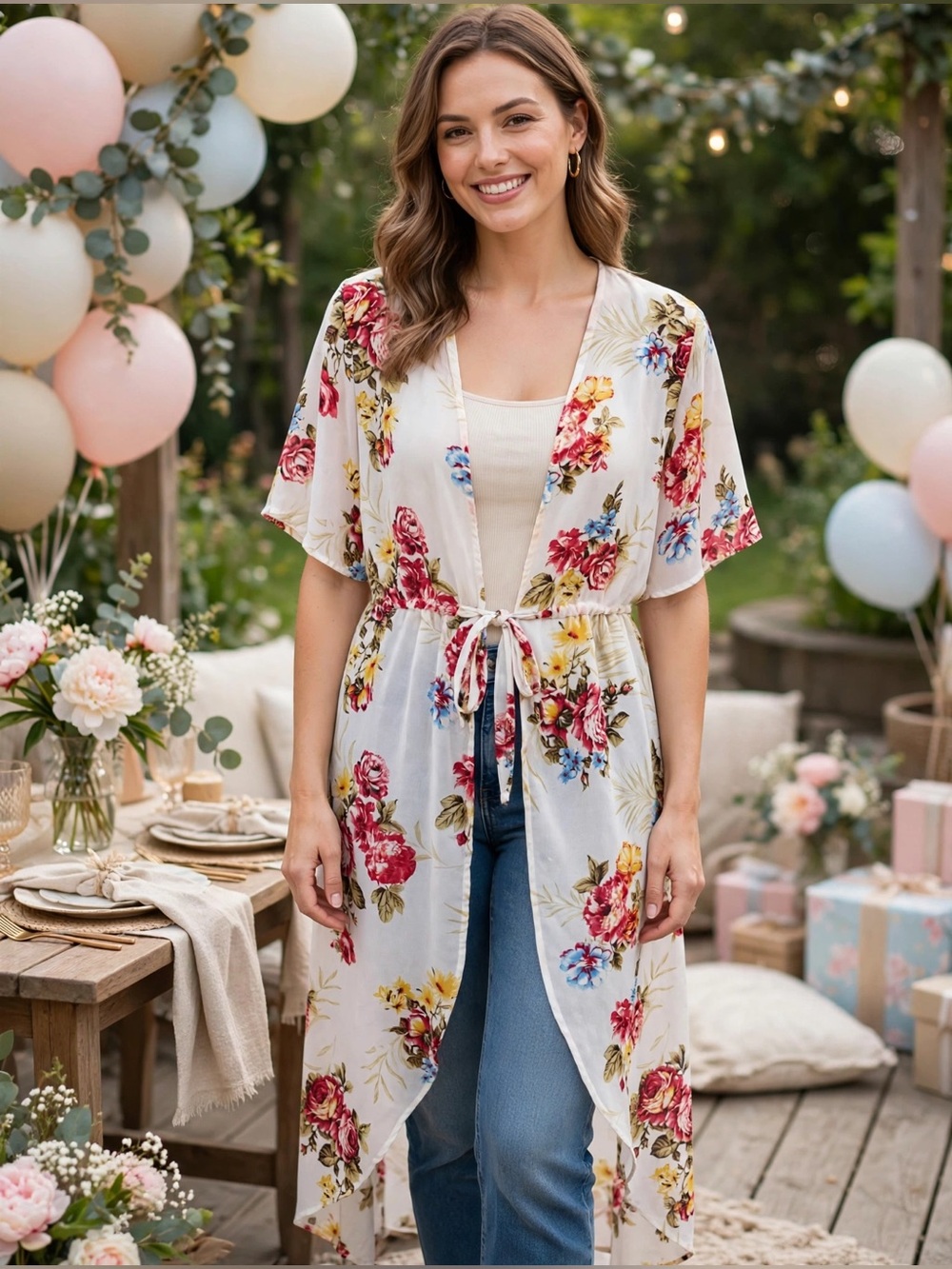 Liberty Love White Floral Open-Front Kimono with Drawstring